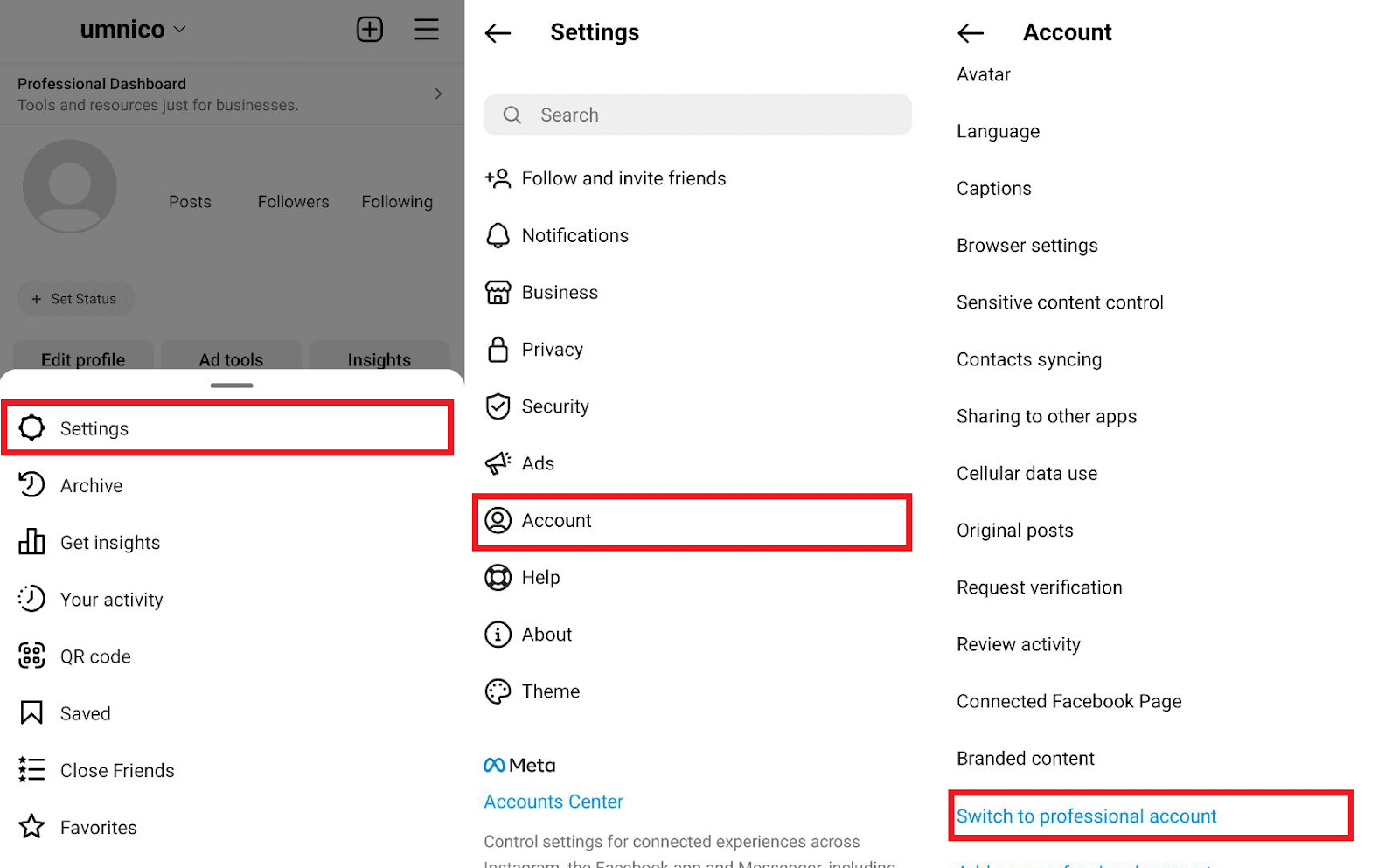 Instagram application settings account type