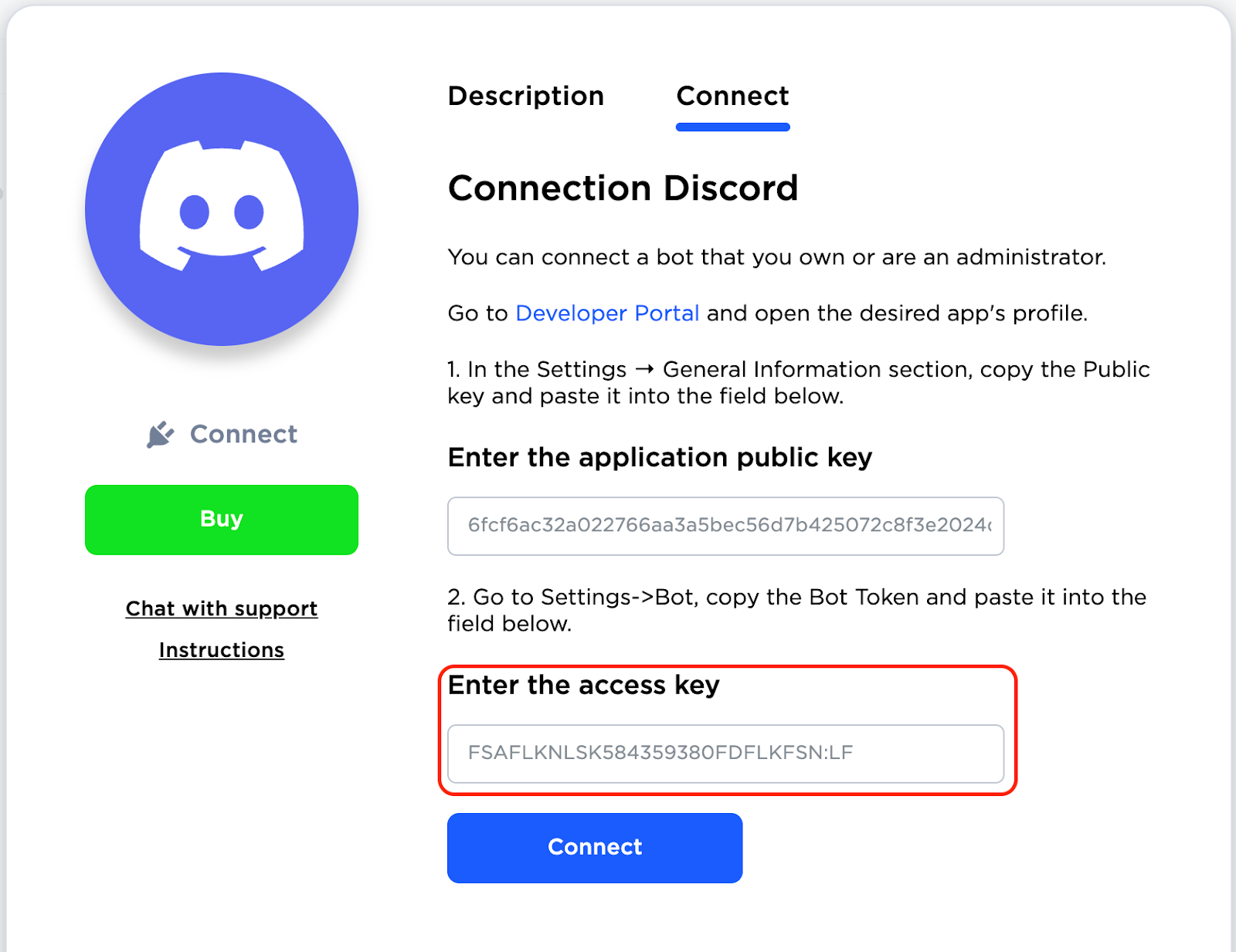 Conexión de Discord - ingreso de clave de acceso