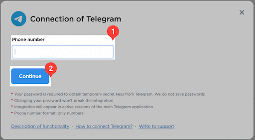 Telegram connection window