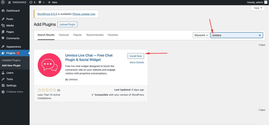 Installing Umnico Live Chat plugin