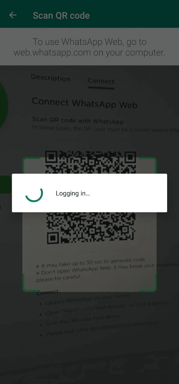 Leitura de código QR do WhatsApp