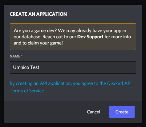 Configurar un nombre para una nueva aplicación en Discord