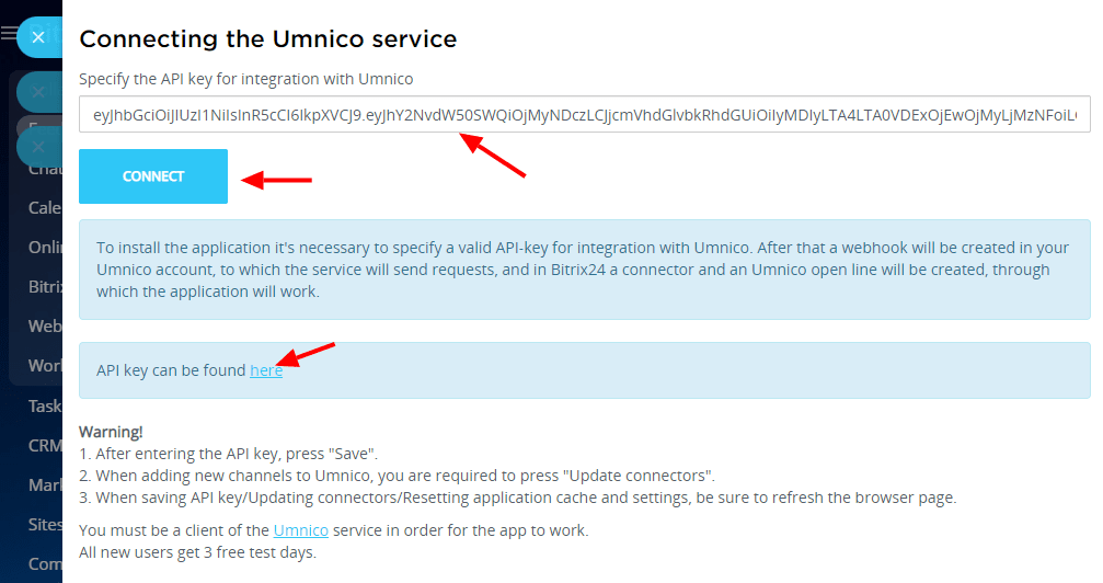 Connecting the Umnico service