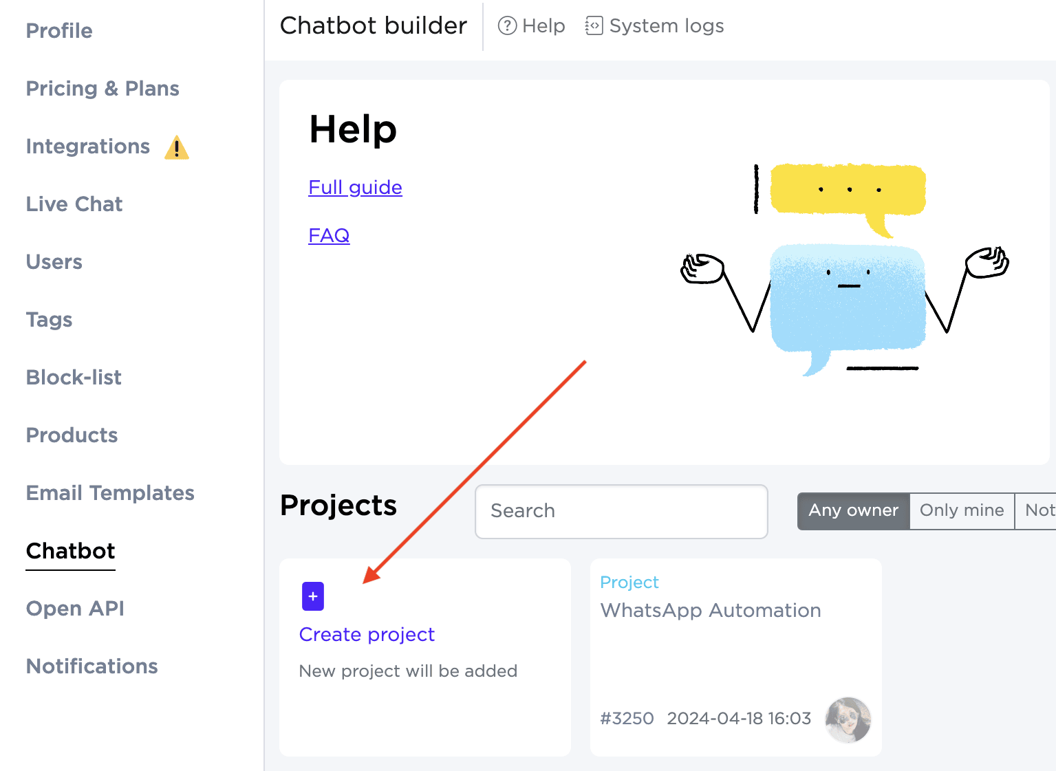 Erstellen eines Projekts im Umnico Chatbot Designer