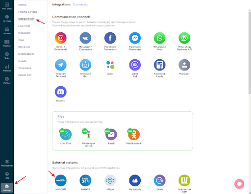 Umnico page of integrations