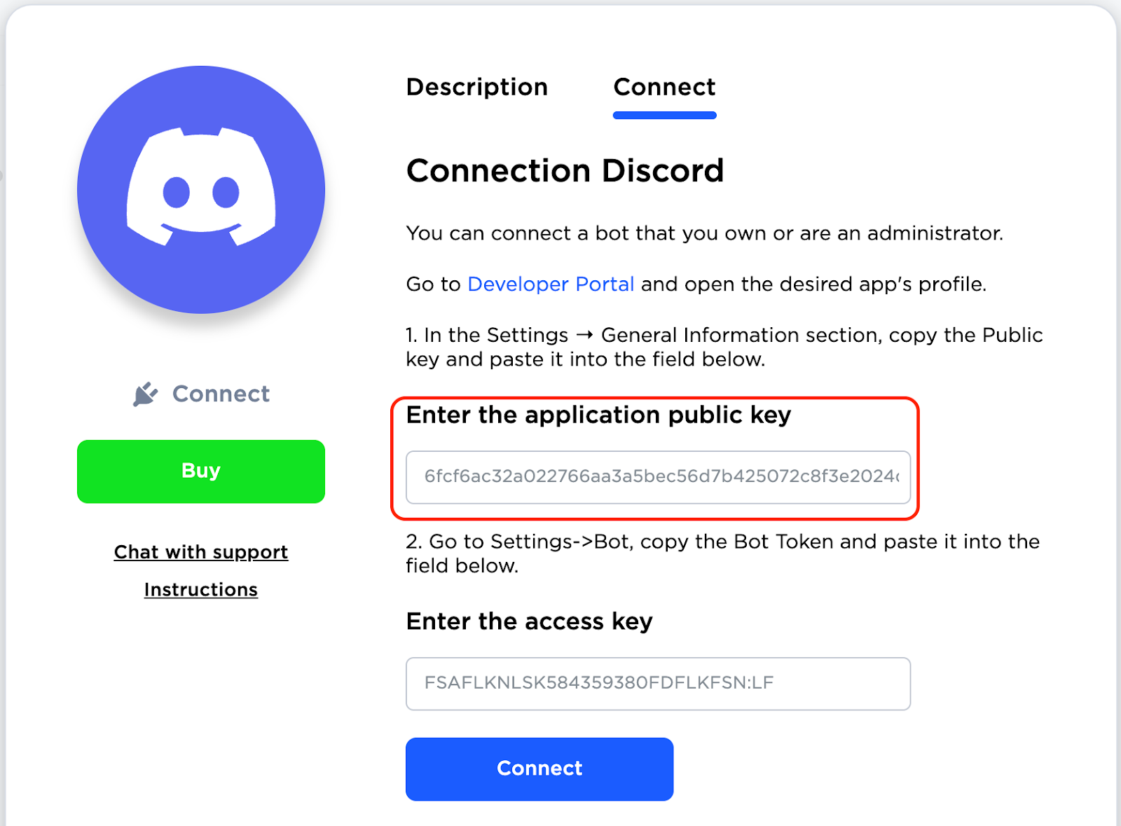 Conexión de Discord - ingreso de clave pública