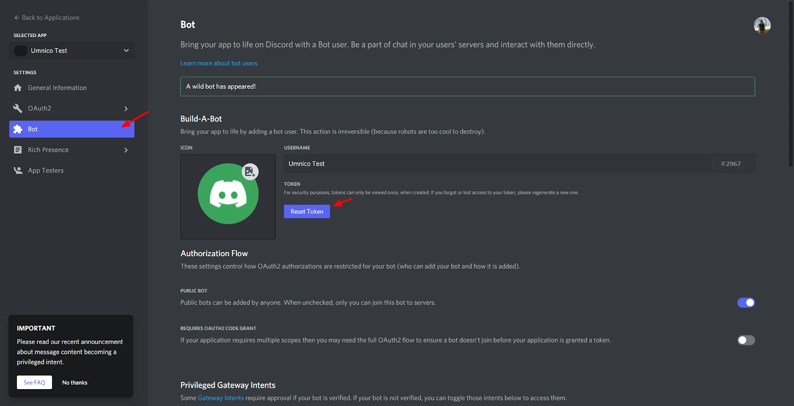 Сброс настроек токена в Discord