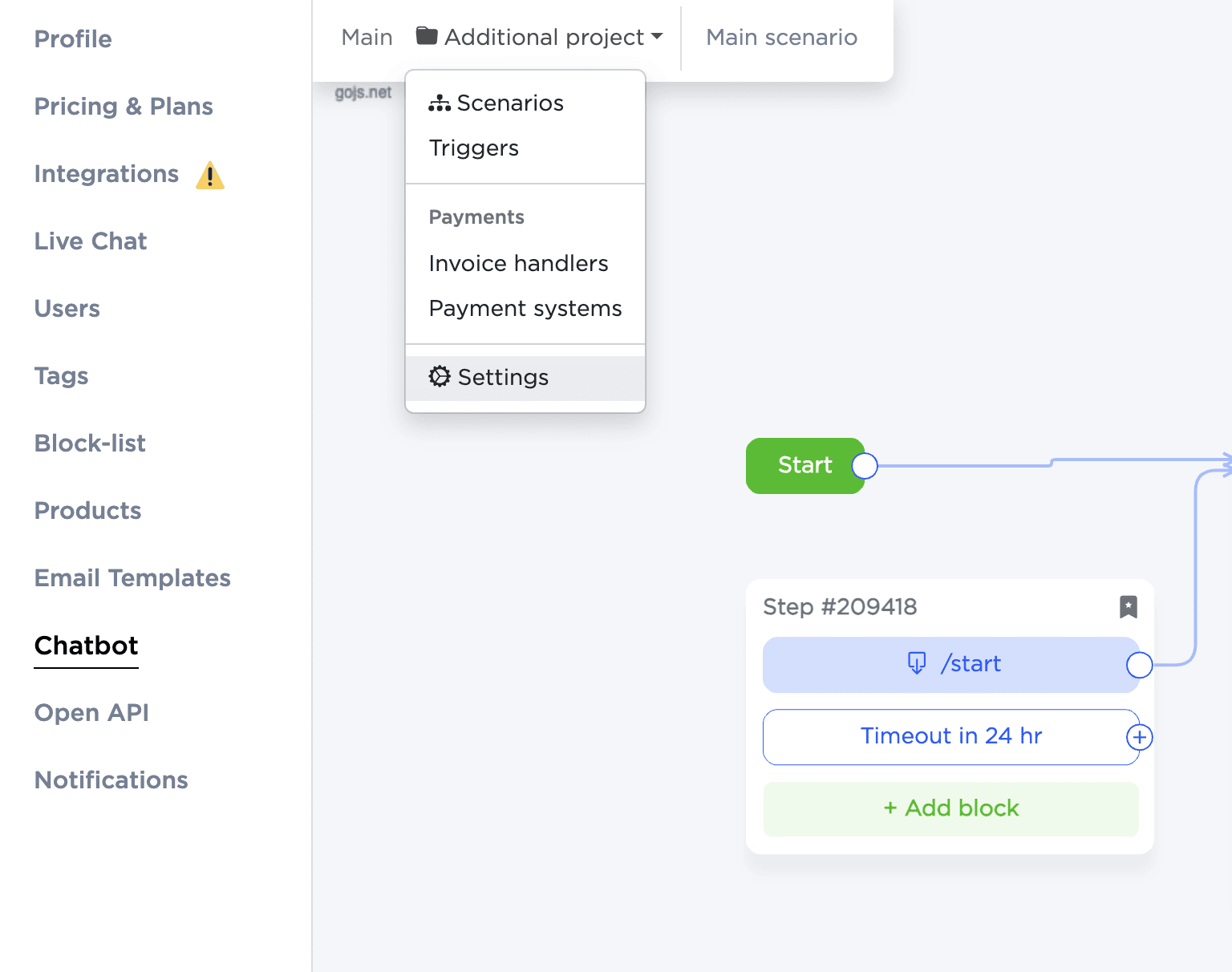 Configurações de operação do chatbot