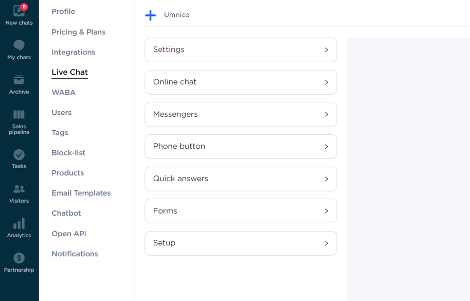 Umnico Live Chat settings