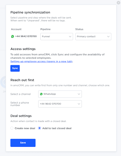 Umnico amoCRM settings