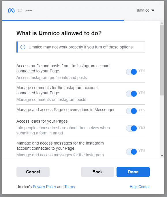 Umnico application permissions