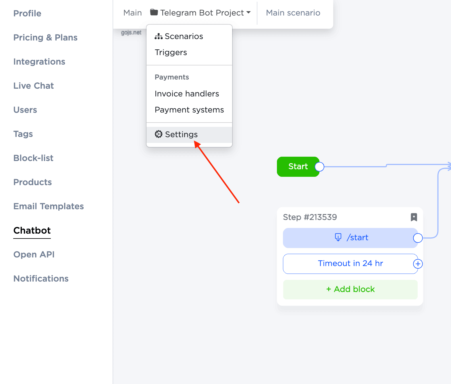 Acessando as configurações do projeto do chatbot