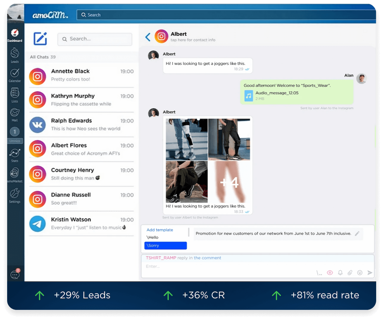 Instagram in amoCRM, Umnico Widget