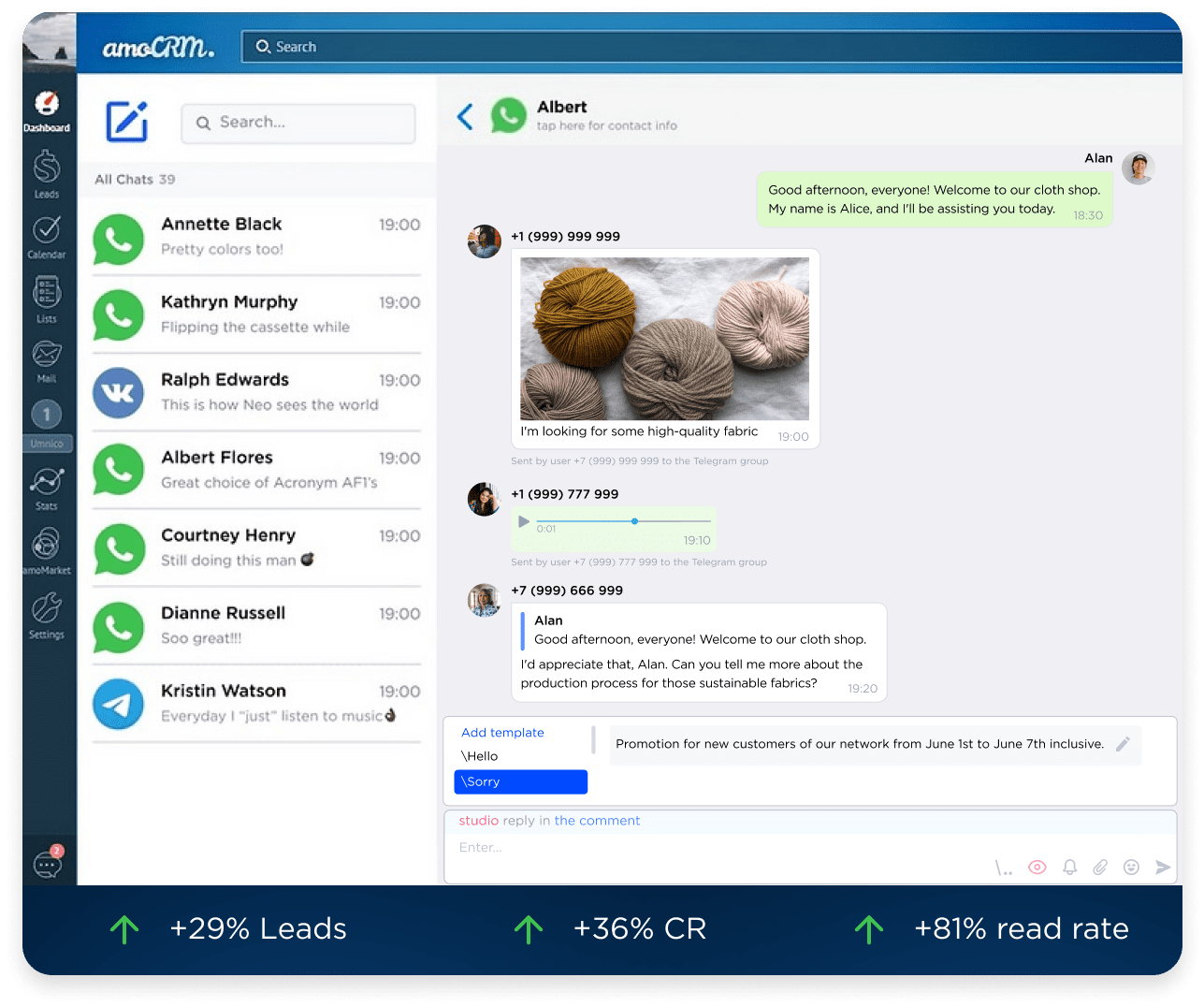 WhatsApp in amoCRM, Umnico Widget