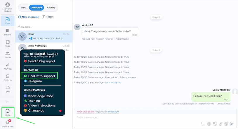 Navigation to Chat with support via dashbord