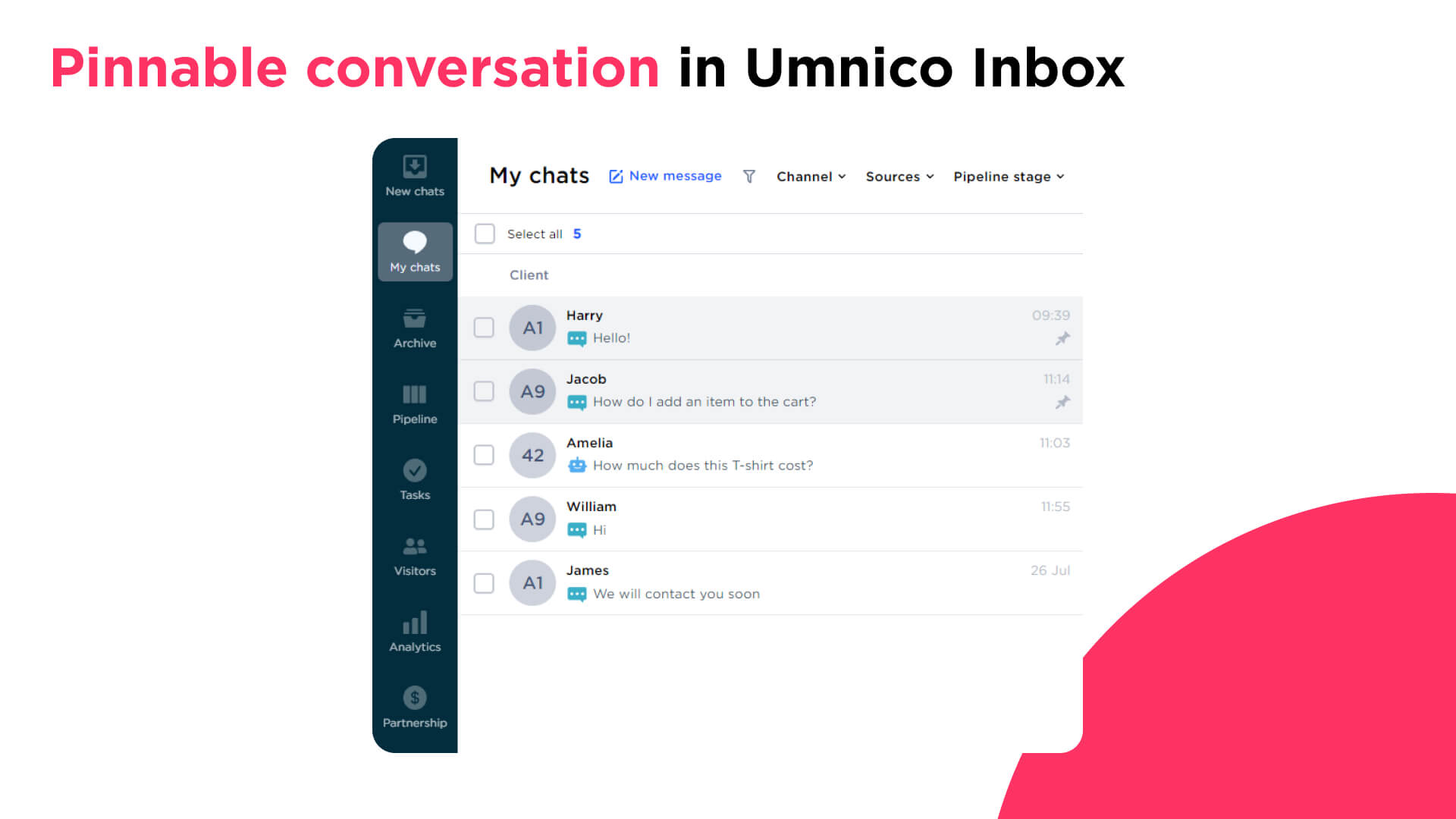 Pinnable conversations in Umnico Inbox