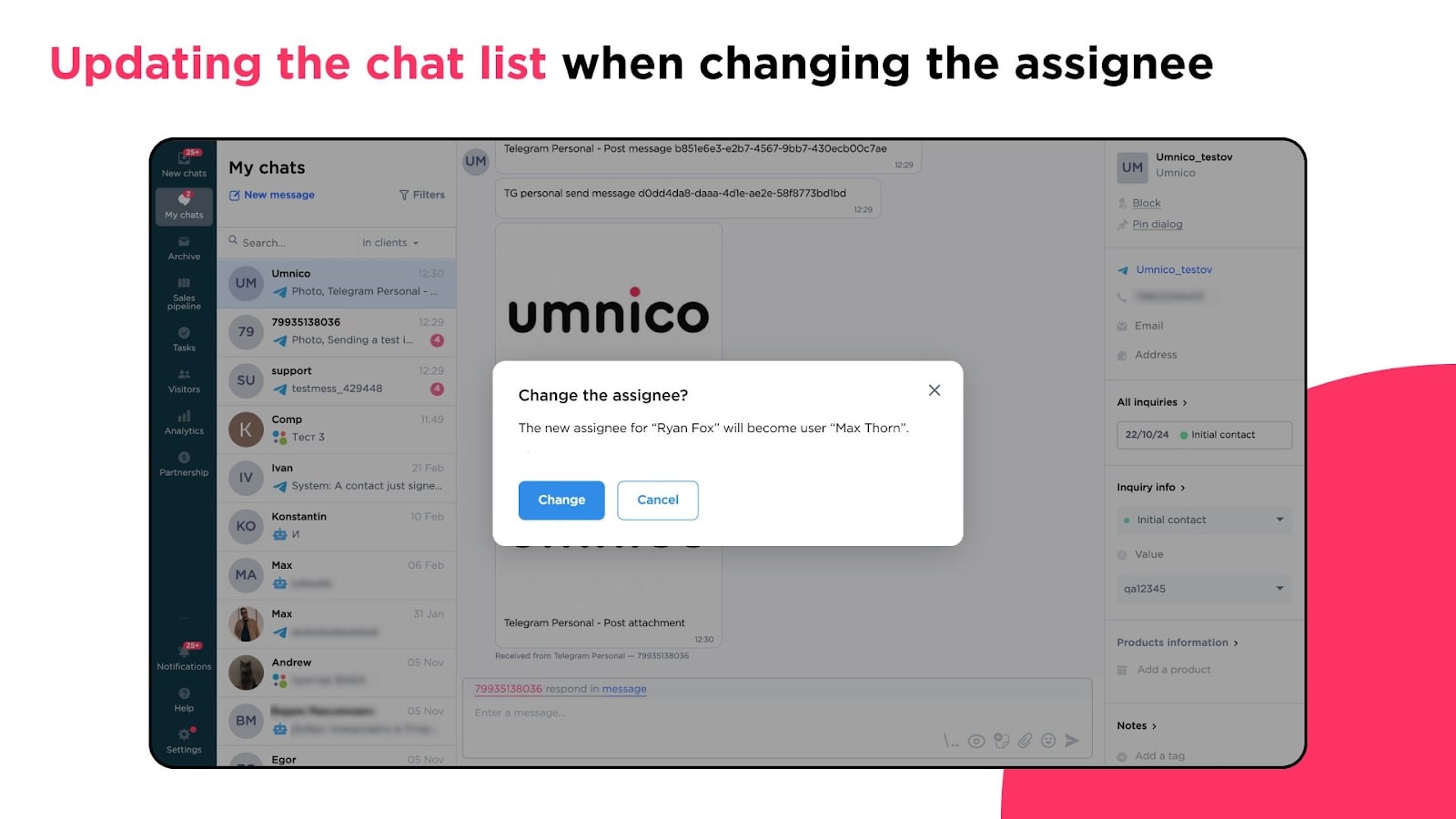 Updating the chat list when changing the assignee