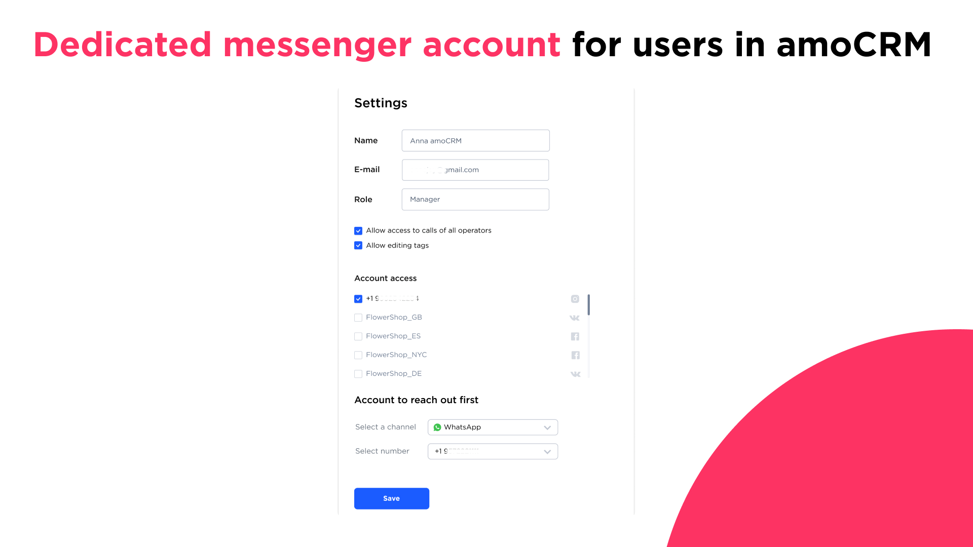 Dedicated messenger account for users in amoCRM