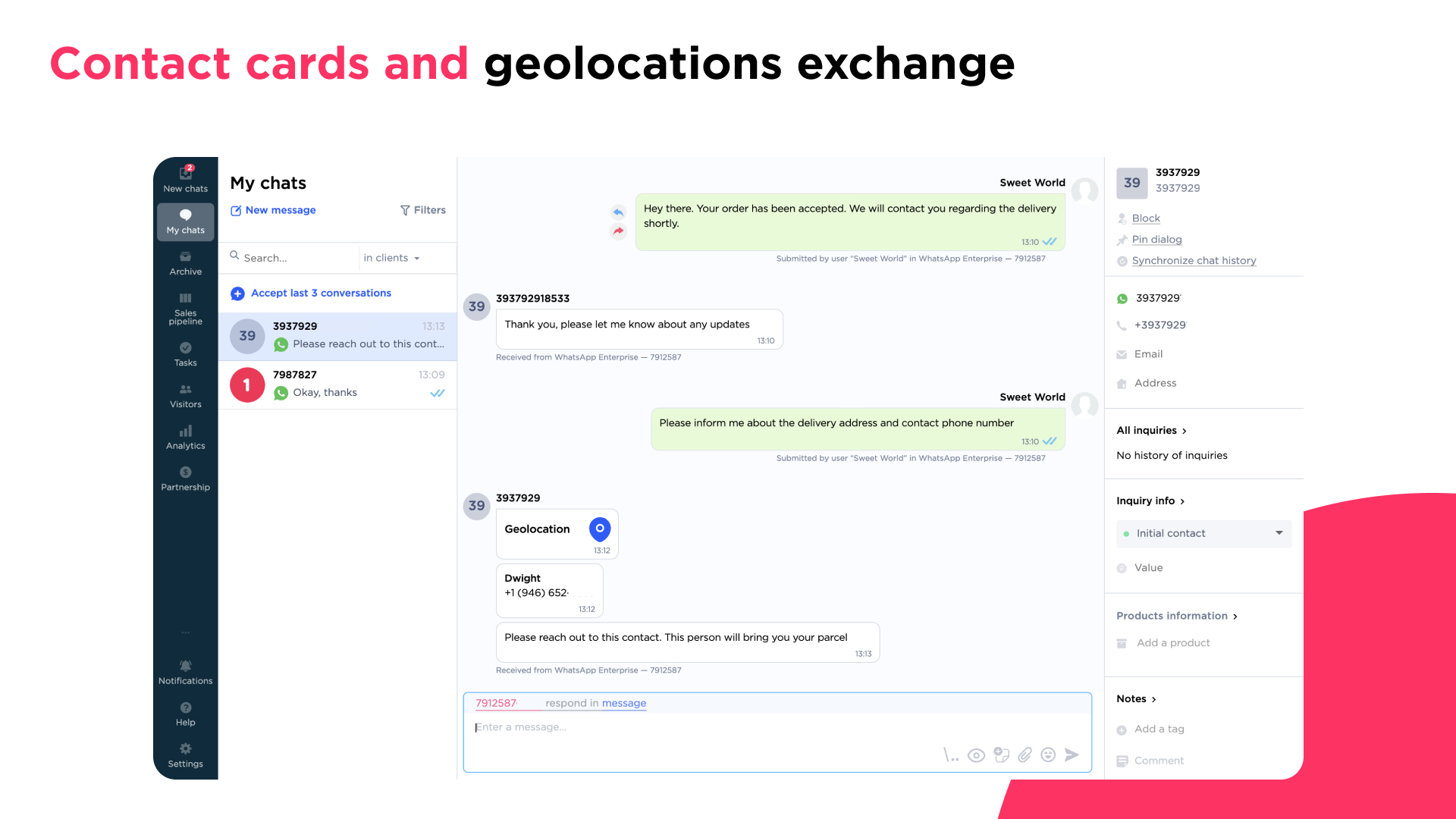 Contact cards and geolocations exchange