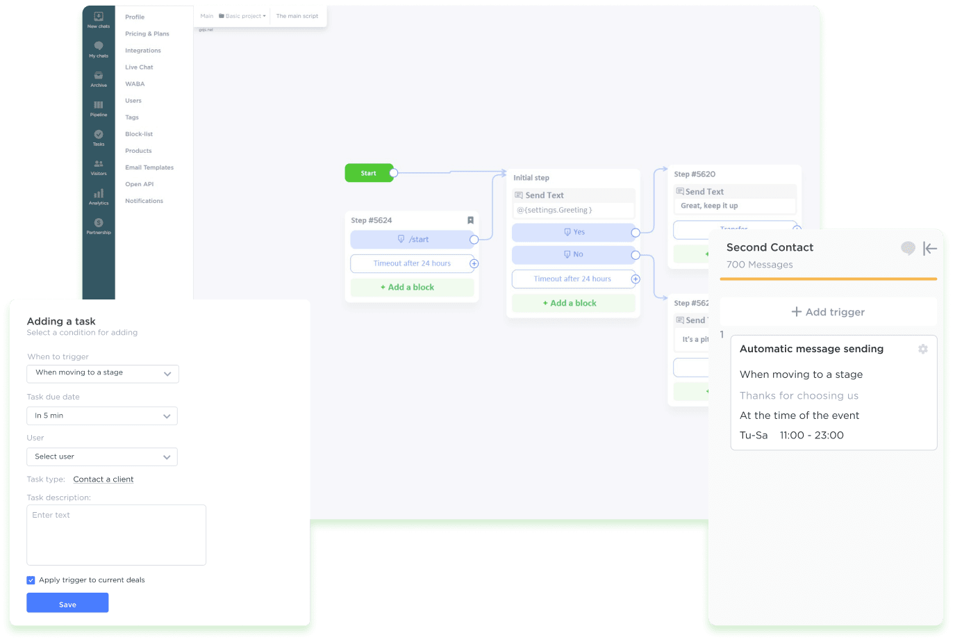 Chatbot builder and action trigger settings in Umnico